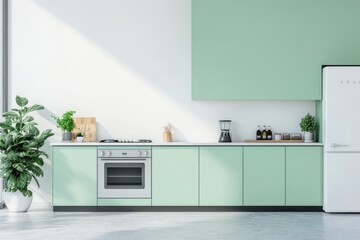 Wall Mural - Modern Minimalist Kitchen Design with Green Accents and Copy Space Wall