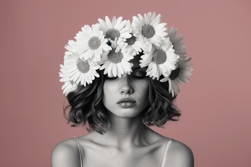 Wall Mural - A woman wearing a colorful flower crown on her head