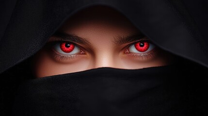 Wall Mural - Pair of glowing red eyes peering out from the darkness beneath a hooded cloak the figure face obscured creating an atmosphere of suspense and fear.