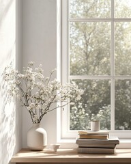 Wall Mural - Simple Home Decor. Scandinavian Style Interior with Wooden Frame, Flower, and Books