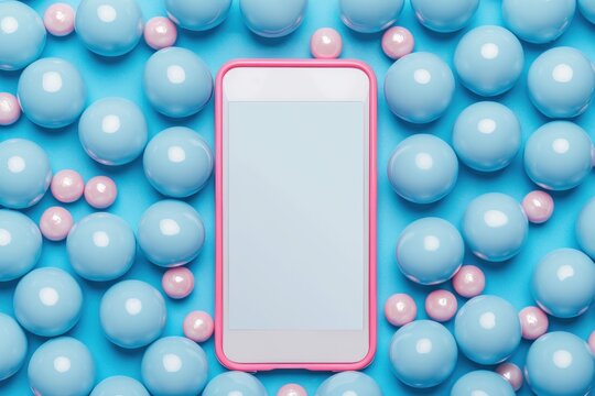Blue balls background with pink frame and white screen for text, top view. The design is minimalistic and simple. It features an empty blank horizontal billboard in the center of composition