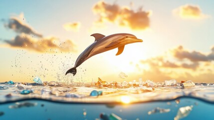 Wall Mural - Dolphin Leaping over Ocean Pollution at Sunset