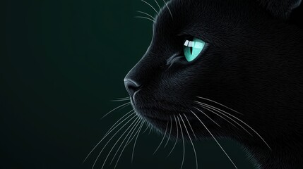 Coloring Book Halloween Black Cat A close up illustration of a black cat face highlighting its whiskers emerald eyes and a single white whisker in a coloring book for Halloween.