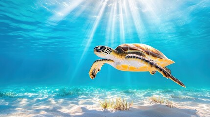 Wall Mural - Serene Sea Turtle Swimming in Sunlit Ocean