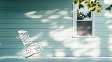 Wall Mural - An old weathered rocking chair swaying gently on a porch shrouded in shadow as if pushed by an unseen hand while the windows of the house stare out like empty eyes.