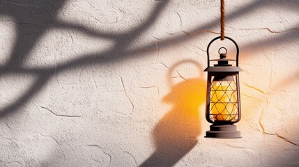 Wall Mural - A cobweb covered lantern hanging from a rusty hook swinging gently in the breeze casting dancing shadows on the weathered stone wall behind it.