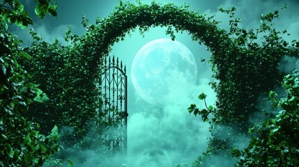 Wall Mural - A wrought iron gate creaking open to reveal a moonlit graveyard overgrown with ivy and shrouded in mist casting long distorted shadows from the ancient tombstones.