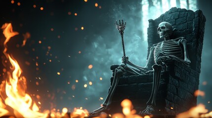 Wall Mural - A stone throne room bathed in shadows illuminated only by flickering flames from the fireplace where a single skeletal figure sits upon the throne clutching a jeweled scepter.