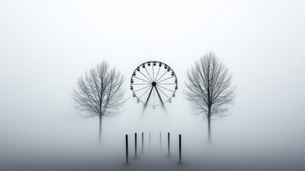 Wall Mural - An old abandoned amusement park with a Ferris wheel slowly turning in the fog its ghostly silhouette looming in the mist as if still operational despite being deserted.