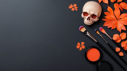 Wall Mural - Palette of vibrant face paints next to a brush and a realistic looking skull ready for a Halloween transformation.