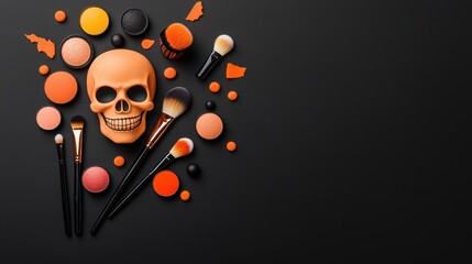 Wall Mural - Collection of Halloween makeup brushes sponges and palettes arranged around a ceramic skull on a black background.