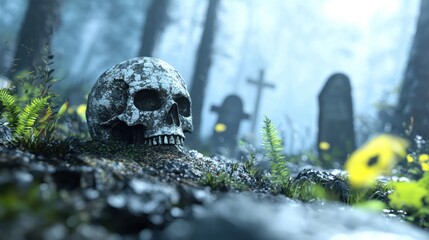 Wall Mural - Fog rolls over a neglected graveyard revealing weathered headstones and a grinning skull resting on the ground.