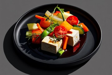 Poster - Geometric representation of vegetarian stir-fry, using abstract shapes to depict tofu and vegetables in a minimal, modern design.