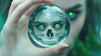 Wall Mural - A witch with emerald green skin and glowing eyes holds a crystal ball a spectral skull floating within its depths.