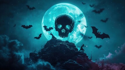 Wall Mural - Glowing skull floats in mid air surrounded by swirling bats and the ghostly figure of a witch silhouetted against the moon.