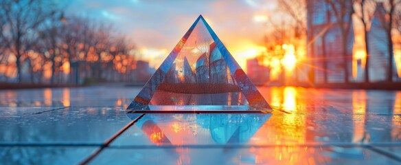 Wall Mural - Glass pyramid with a reflection of a blurred sunset city lights in it on a reflective surface with a blurry background.