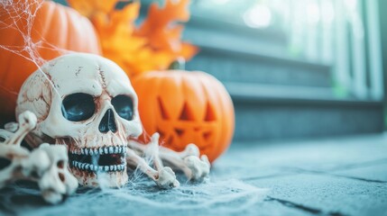 Wall Mural - Front porch decorated with cobwebs pumpkins and a scattering of fake bones with a skull placed prominently on display.