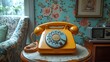© pete99 - An orange vintage rotary dial phone sits on a wooden end table, against a background of floral wallpaper, in a room with an armchair and a vintage radio.
