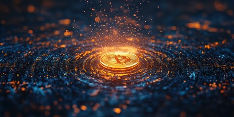 Poster - modern digital abstract 3d background with futuristic bitcoin symbol and dynamic light effects