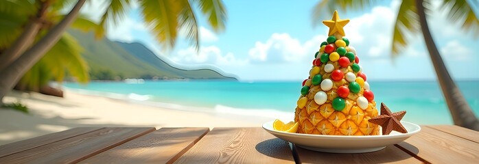 A composition of a pineapple in the form of a Christmas tree, decorated with candies and an edible star on a platter. There are palm trees and a beach in the background. Christmas holiday concept