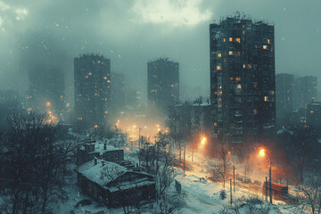 Wall Mural - a surprise snowstorm hitting a city in the middle of spring. concept of weather.