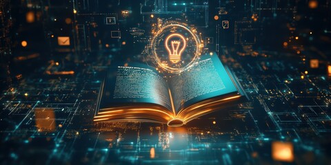 Poster - futuristic digital abstract 3d background with glowing light bulb and open book in a high-tech data 