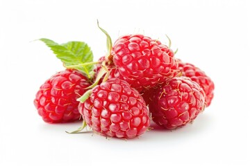 Canvas Print - A bundle of fresh raspberries with leaves on top, ideal for use in food or nature-themed images