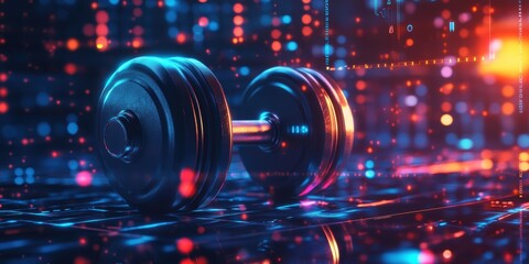 Poster - modern digital abstract 3d background with futuristic dumbbell and neon lights in a virtual environm