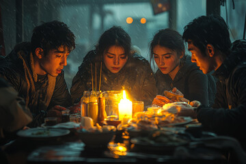 Aufkleber - a power outage during a family dinner, leaving everyone in the dark. concept of lifestyle.