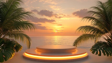 Wall Mural - Tropical sunset with glowing pedestal on beach.