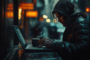 Canvas Print - A person typing on a laptop with a cup of coffee next to them, illustrating productivity. Concept of business.