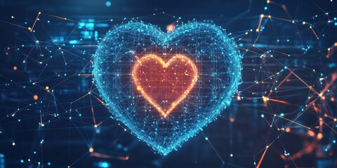 Poster - futuristic digital heart shape with glowing network connections in a modern 3d abstract background