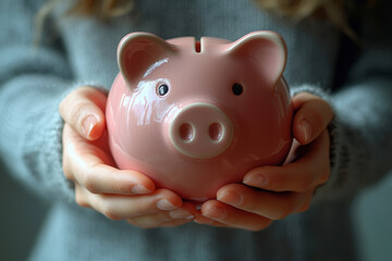 Poster - A person holding a piggy bank, symbolizing savings and financial planning. Concept of finance.