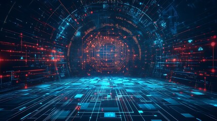 Poster - Abstract digital tunnel with glowing lines and data streams.