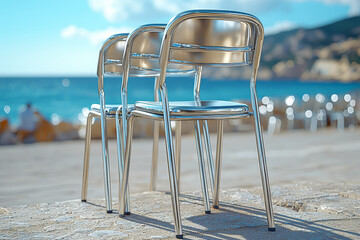 Poster - a gust of wind knocking over a stack of chairs at an outdoor event. concept of events.