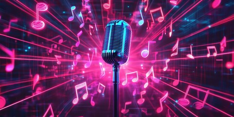 Poster - vibrant modern digital abstract 3d background with neon musical notes and retro microphone