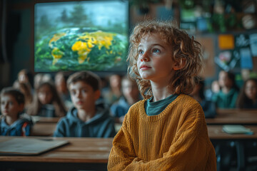 Poster - a group of students learning about climate change in a classroom. concept of education.