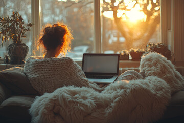 Poster - A freelancer working from home with a laptop on a cozy couch, symbolizing remote work. Concept of business.