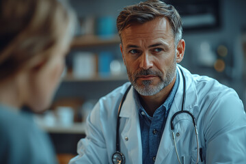 Poster - A doctor consulting with a patient in a clinic, highlighting healthcare and medical advice. Concept of health.