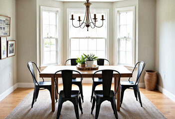 Bright airy dining room interior design with bay window natural wood furniture and black metal accents houseplants home decor real estate listing interior design inspiration