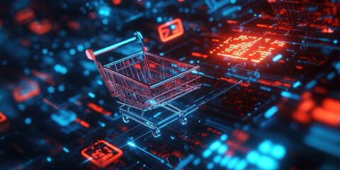 Poster - futuristic digital abstract 3d background with floating shopping carts and glowing product icons rep