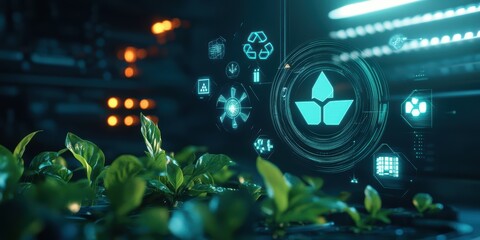 Poster - futuristic digital abstract 3d background with neon lights and technological elements in a modern de