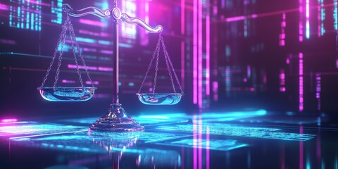 Poster - futuristic digital abstract 3d background with neon lights and scales of justice symbolizing modern 