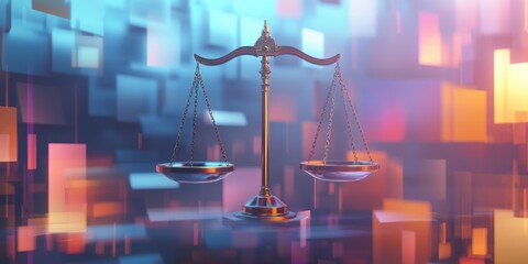Poster - elegant balance scale against a modern digital abstract 3d background with vibrant colors and geomet