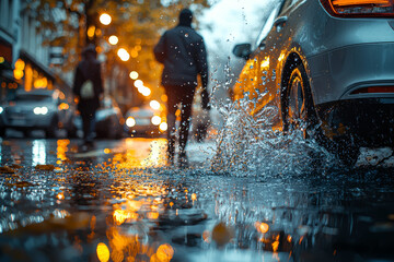 Wall Mural - a car splashing water from a puddle onto pedestrians walking by. concept of transportation.