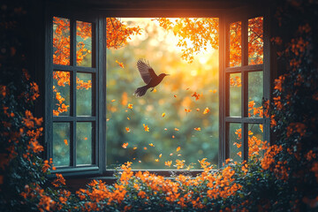 Wall Mural - A bird flying into an open window, startling the people inside. Concept of nature.