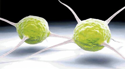 Poster - close-up of green microorganisms with spiky extensions