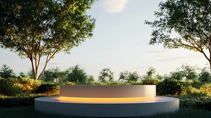 Poster - White illuminated podium in a green garden with blue sky.