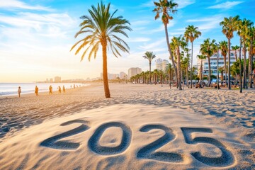 Wall Mural - Sunny beach with 2025 sand writing and palm trees at sunset