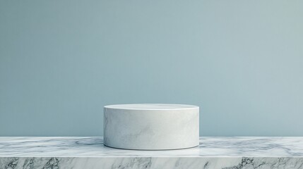 Poster - White marble podium on a marble surface with a blue background.